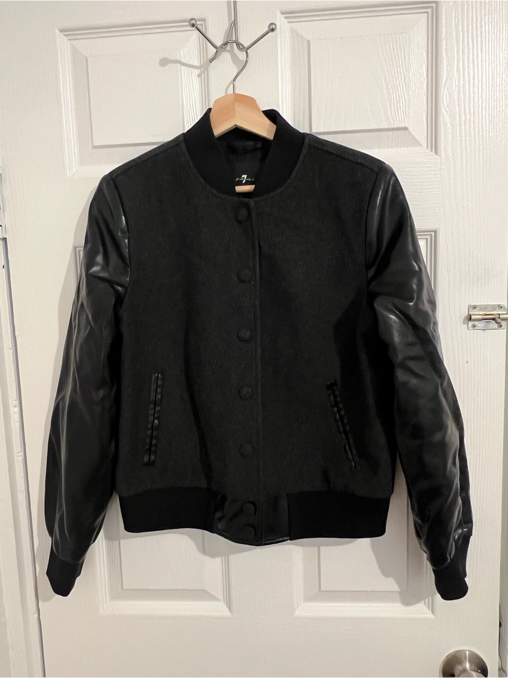 7 For All Mankind Black Mixed-Material Varsity Jacket